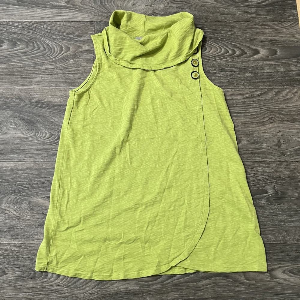 Habitat Cowl Neck Tank Top Sz XS Green Lagenlook Button Detail Faux Wrap Effect